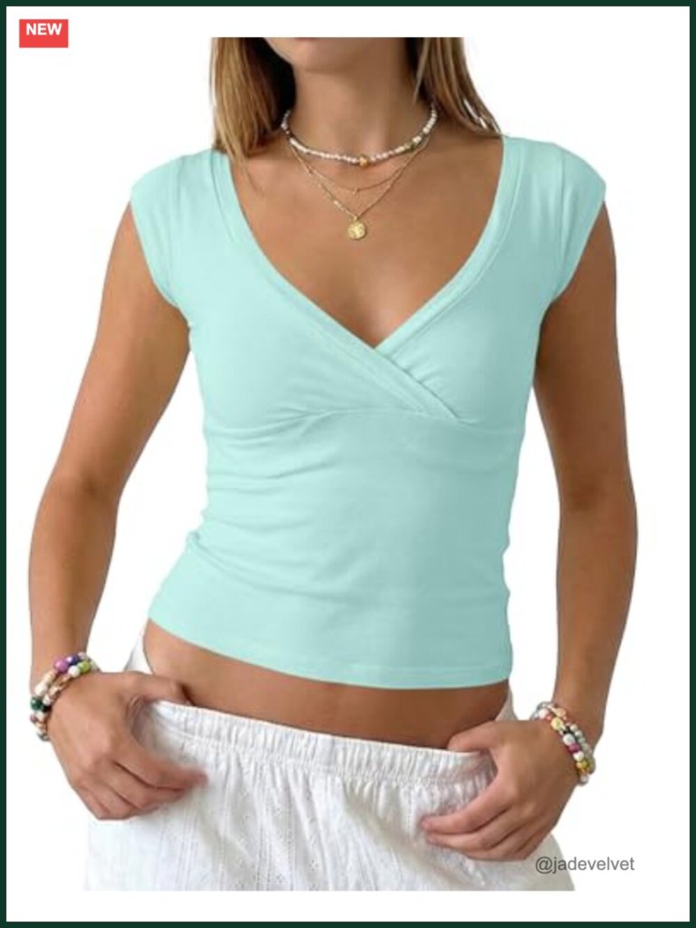 Y2K V-Neck Cap Sleeve Crop Tank Top Slim Fit Cotton Blend Summer Top